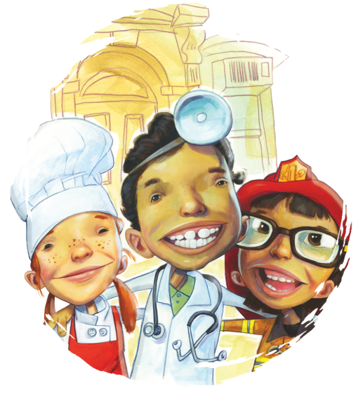 Cartoon image of three young children dressing up in job roles